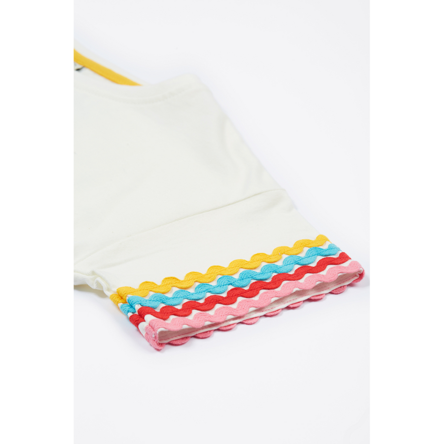 Frugi Ric Rac T-Shirt - Soft White/Rainbow Ric Rac