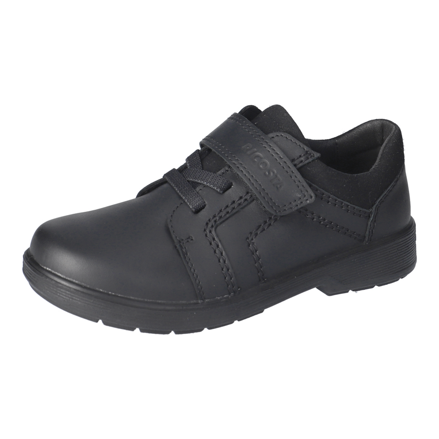 Ricosta George Black Leather Rip Tape and Lace  School Shoes - Medium Fit