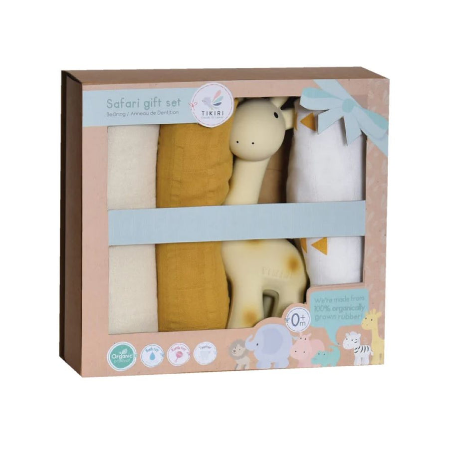 Tikiri Giraffe Gift Set (Inc Giraffe Bath Rattle Toy And 3 Xl Muslin Squares) 94112