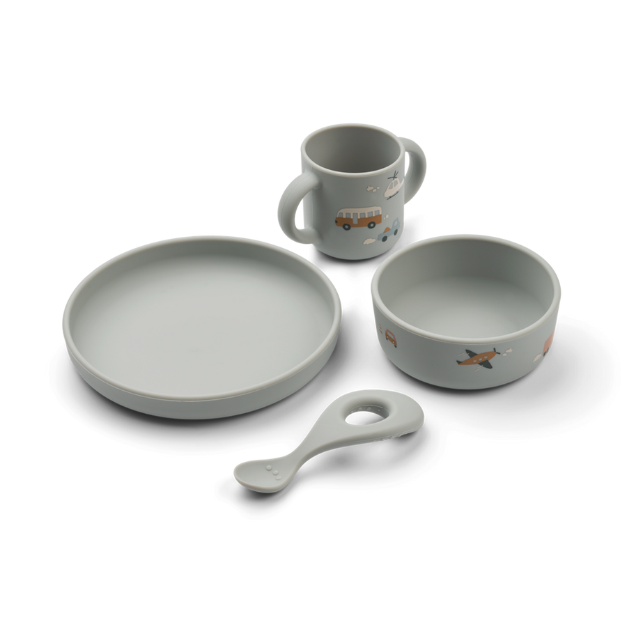 Liewood Vivi Printed Tableware Set - Vehicles/Dove Blue Mix