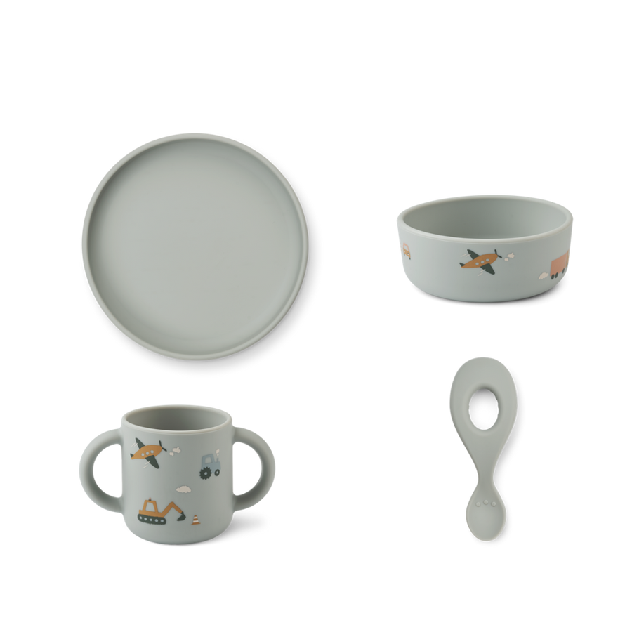 Liewood Vivi Printed Tableware Set - Vehicles/Dove Blue Mix