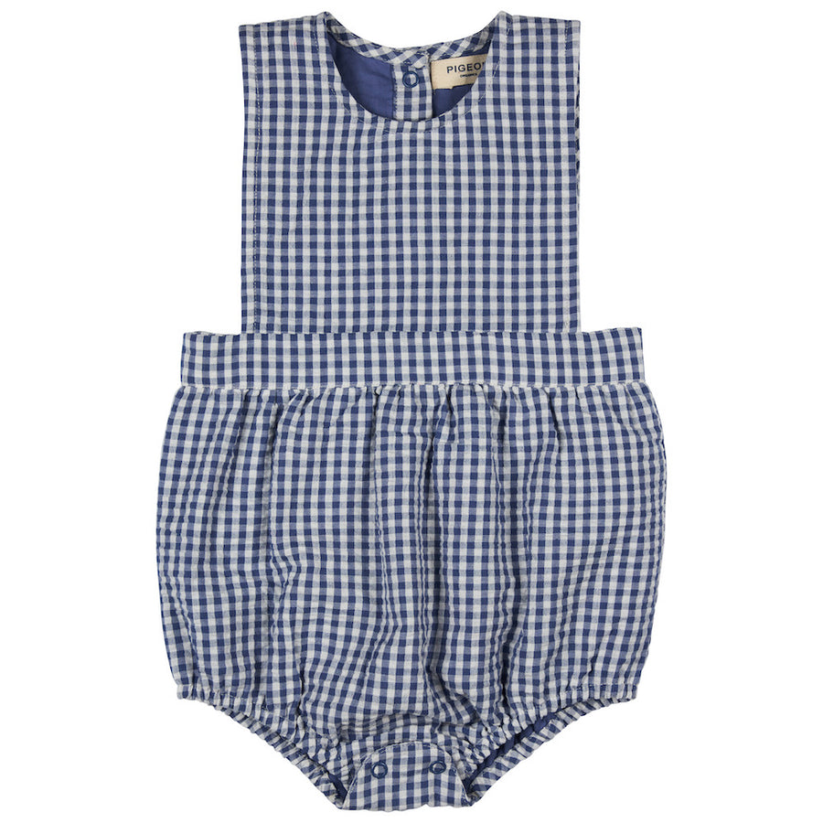 Pigeon Organics Bib Romper (Seersucker Check), Dusty Blue