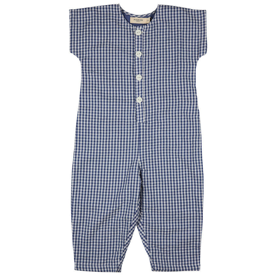 Pigeon Organics Jumpsuit (Seersucker Check), Dusty Blue